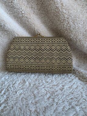 Vintage Black Gold Geometric Woven Kiss Lock Clutch Bag